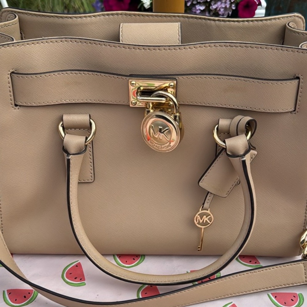 Michael Kors Beige Saffiano Leather Satchel with Gold Hardware